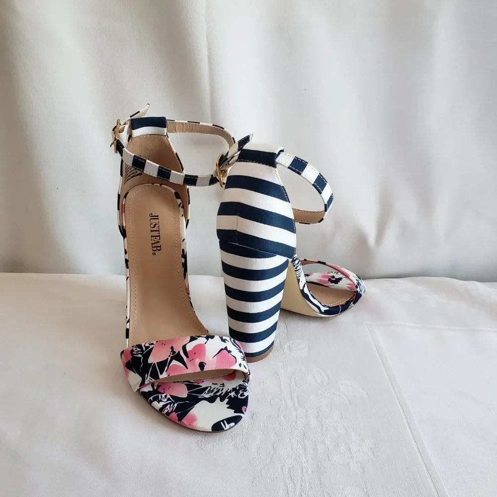 Size 7 JustFab Lena 4" Block heal sandal. Stripes and Floral.  Ankle strap. - Picture 4 of 12